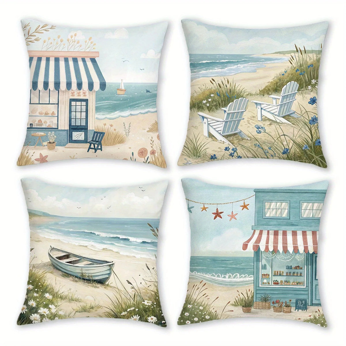 taies d'oreiller motif plage bleu blanc vert vintage adhésif decoration maison polyester peachskin 45x45cm