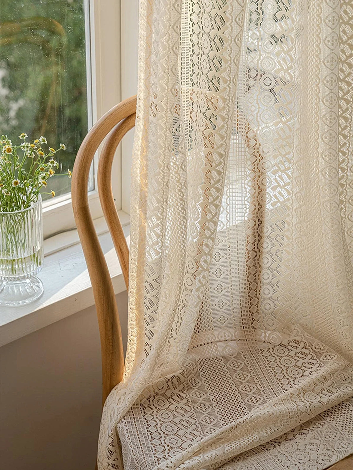rideau tulle beige clair motif géométrique vintage bohème japonais semi transparent salon maison