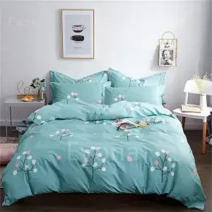 housse couette coton polyester bleu blanc gris motif floral moderne oreillers lit king size