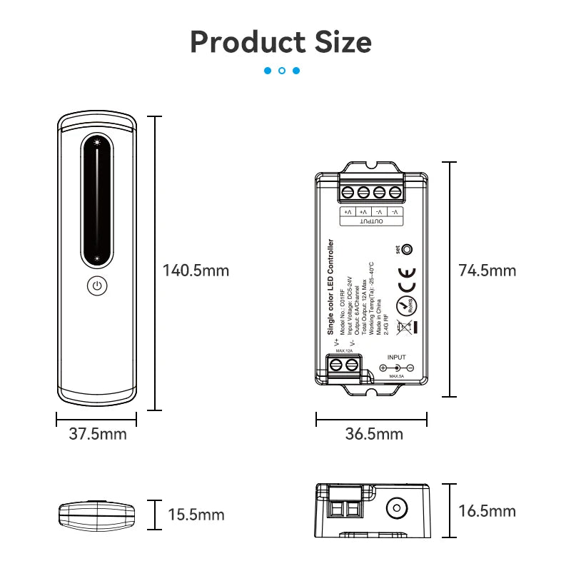 contrôleur led rf sans fil télécommande cct adaptable 12v 24v 15a led dimmable blanc