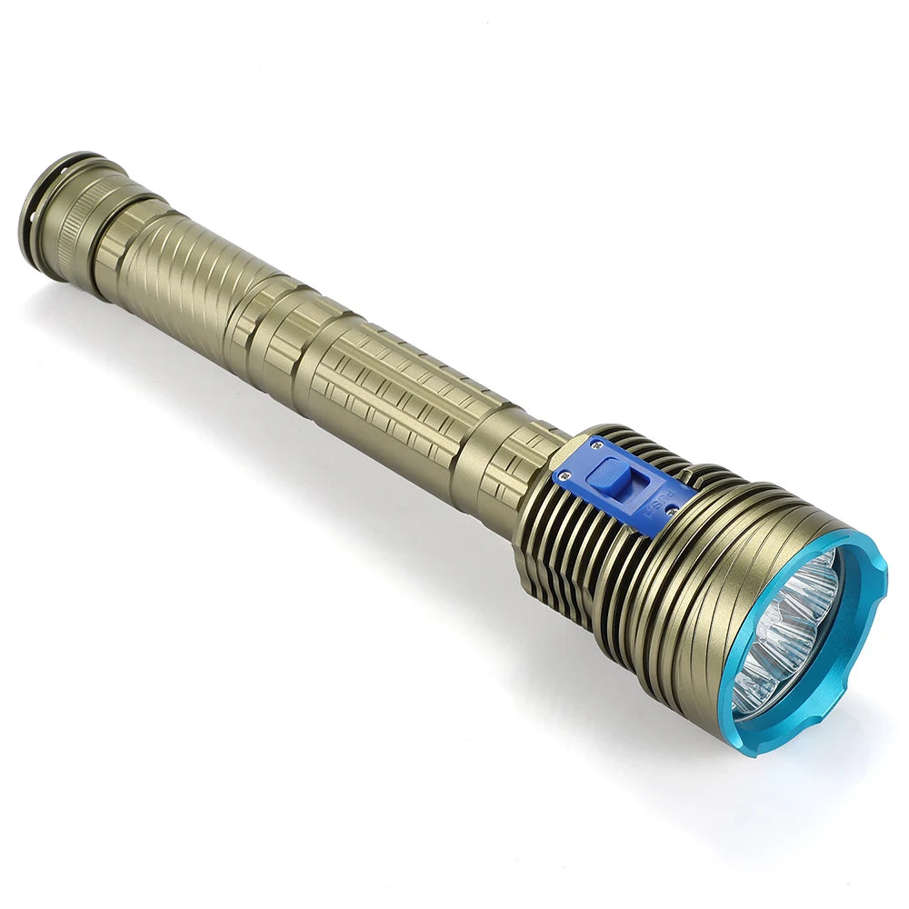lampe torche rechargeable dorée bleue rayures horizontales boutons fixation batteries AAA câble USB lumière