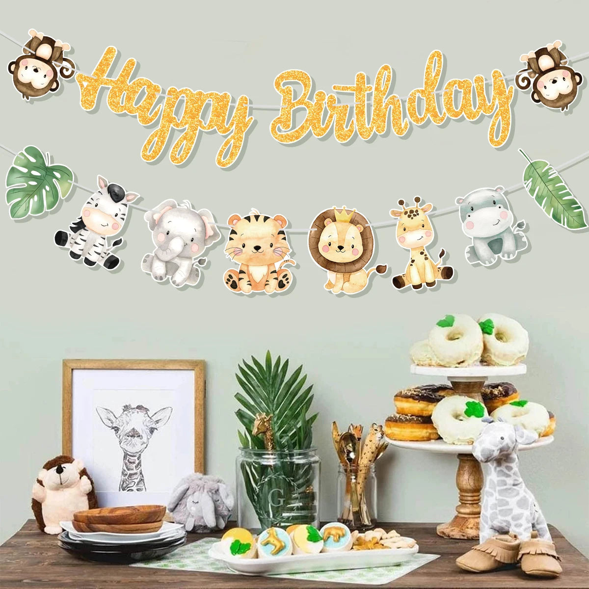 guirlande fête animaux jungle or blanc vert lettres dorées feuilles palmier fil