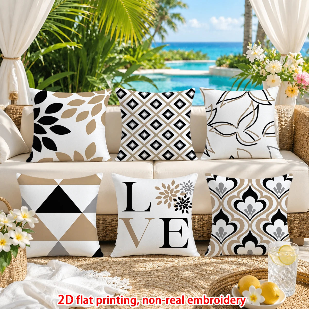 lot coussins décoratifs géométriques blanc noir beige canapé salon moderne polyester
