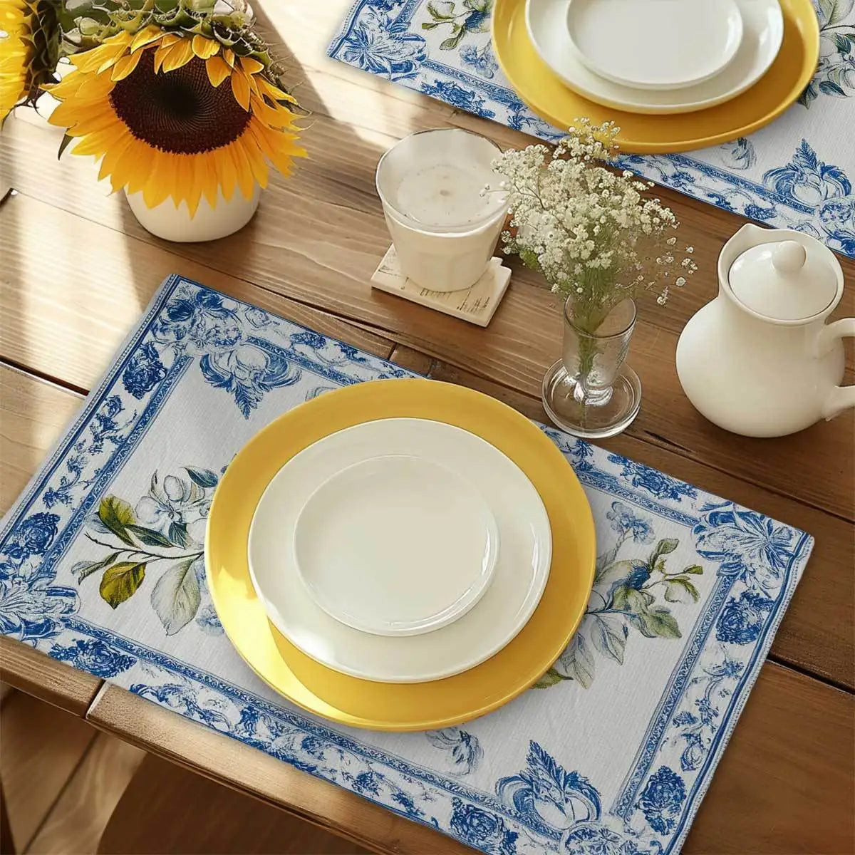 placemats bleu jaune blanc motif floral citron mediterraneen decor 12x30cm 18x45cm set