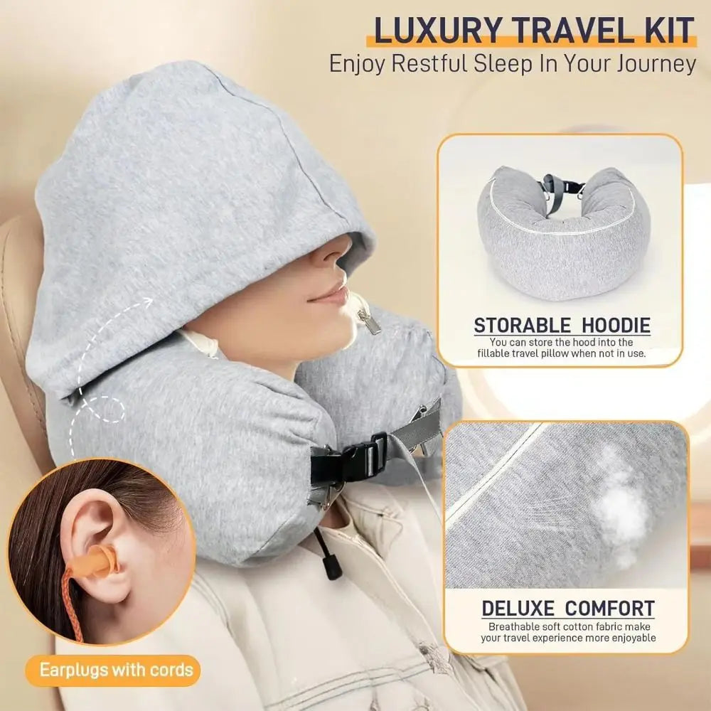 coussin voyage capuche gris clair mousse mémoire forme cale confortable pratique ceinture sécurité écouteurs