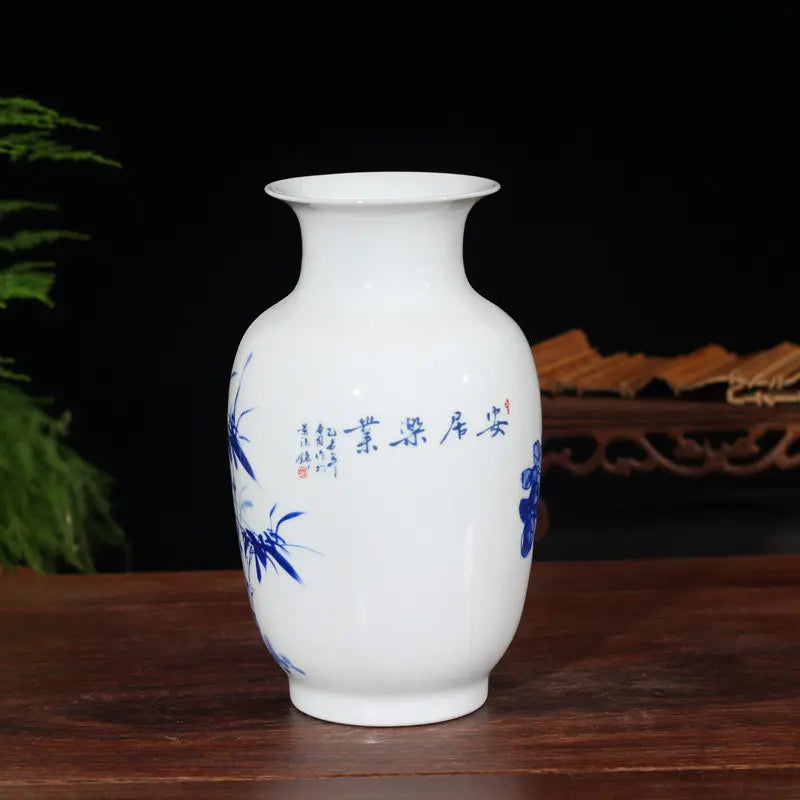 vase céramique traditionnel chinois blanc rouge bleu oiseaux bambous calligraphie paysagesOpaque 22cm