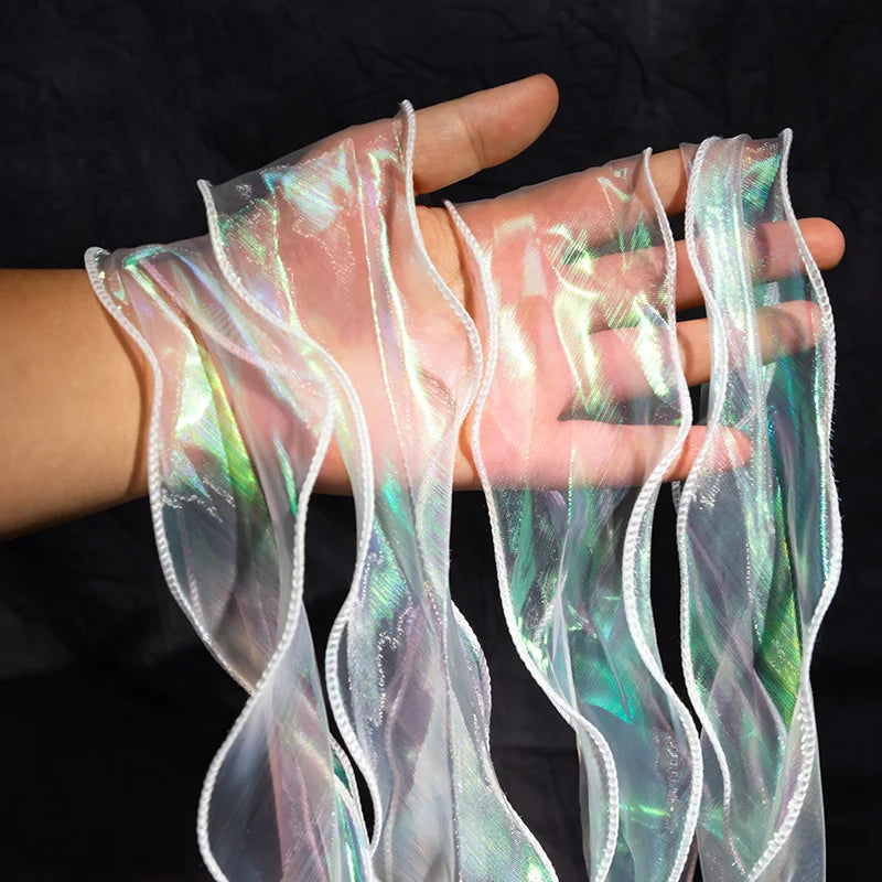 ruban organza blanc semi transparent motifs iridescents moderne élégant 6cm large partiellement soluble polyester