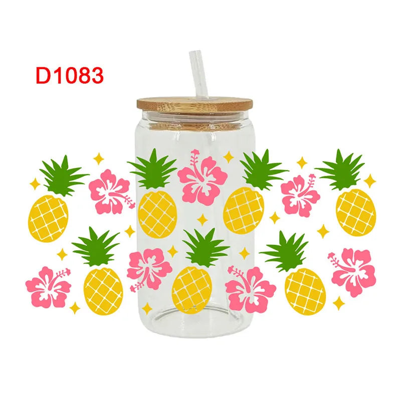 autocollants décoration diy fruits fleurs transparent tropical bouteille verre couvercle paille