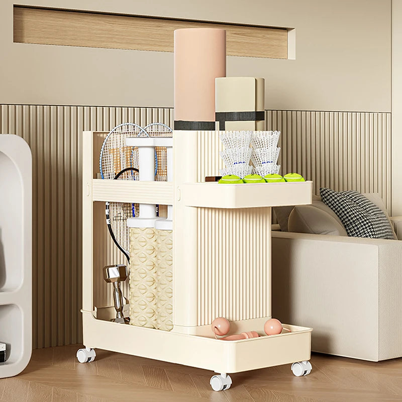 chariot rangement moderne roulettes tapis yoga boules fitness raquettes tennis bouteilles d'eau objets sportifs