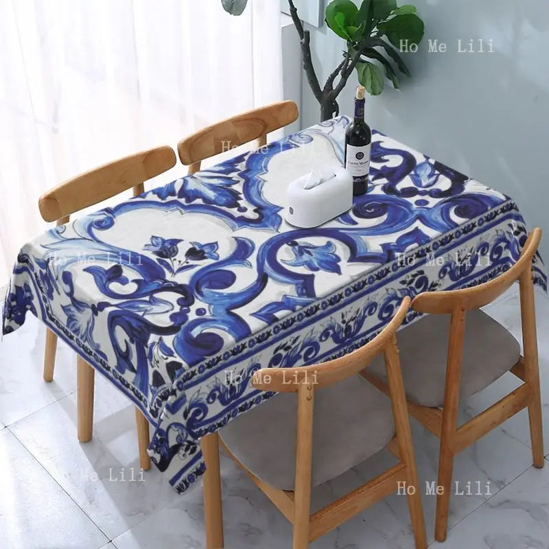 nappe rectangulaire motif floral baroque blanc bleu violet décoration table classique élégant polyester coton