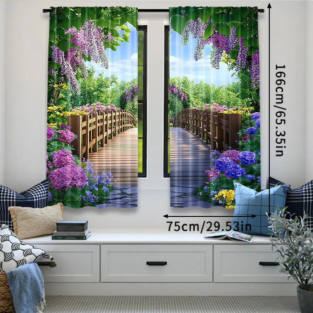 rideau impression numérique vert violet blanc paysage pont fleurs feuilles 75x166cm 105x230cm 130x210cm