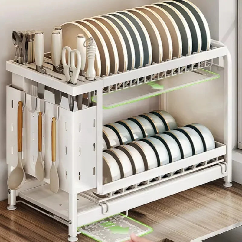 étagère vaisselle double couche blanc moderne assiettes cuillères couteaux porte couteaux rangement cuisine