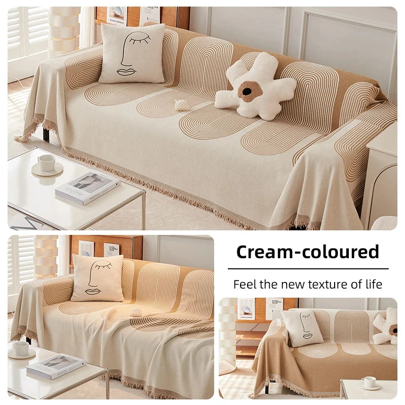 couverture canapé moderne rayures horizontales franges beige crème gris clair salon intérieur