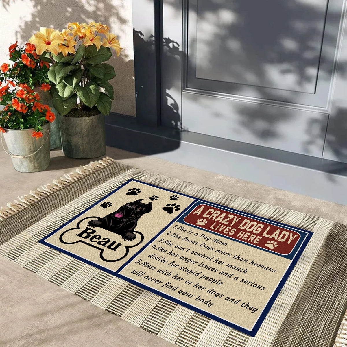 tapis d'entrée antidérapant moderne motif chien rayures horizontales texte imprimé résistant bactéries