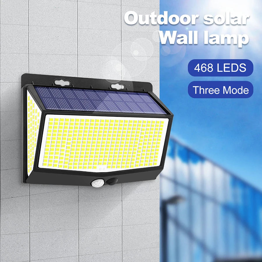 lampe murale solaire 468 led noir ip65 moderne détecteur mouvement autonomie 8mètres