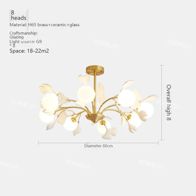 lampe suspendue contemporaine or blanc fleurs opalescente 10 têtes chaîne neutre