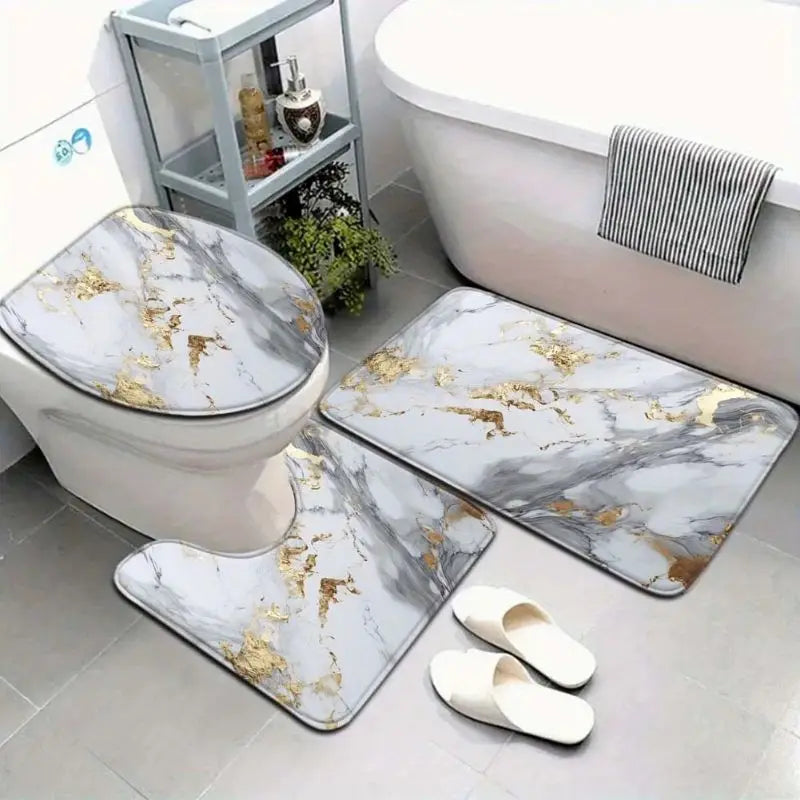 tapis bain ensemble moderne marbre doré blanc violet gris antidérapants salon