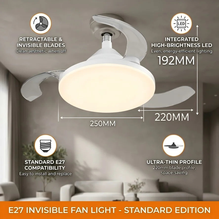 ventilateur led moderne blanc télécommande batterie sèche invisible fixe e27