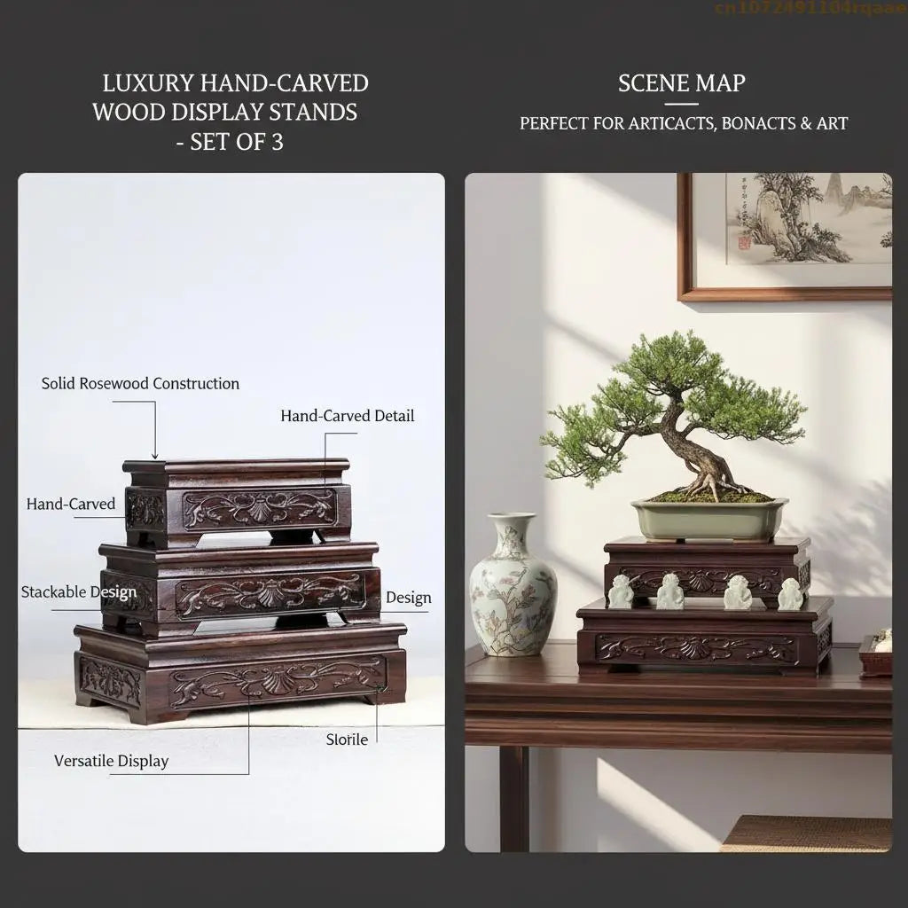 support d'affichage bois sculpté artisanal marron foncé décoration vase théière ornement