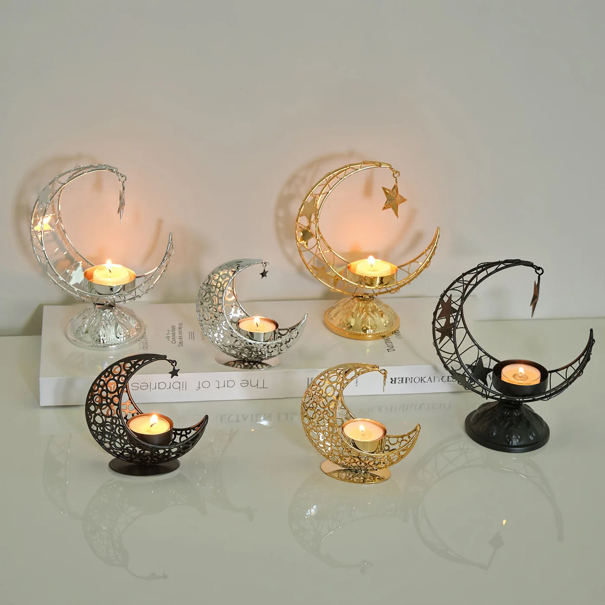 support bougie forme croissant lune argent doré noir ornements ajourés motifs géométriques artisanal décoration