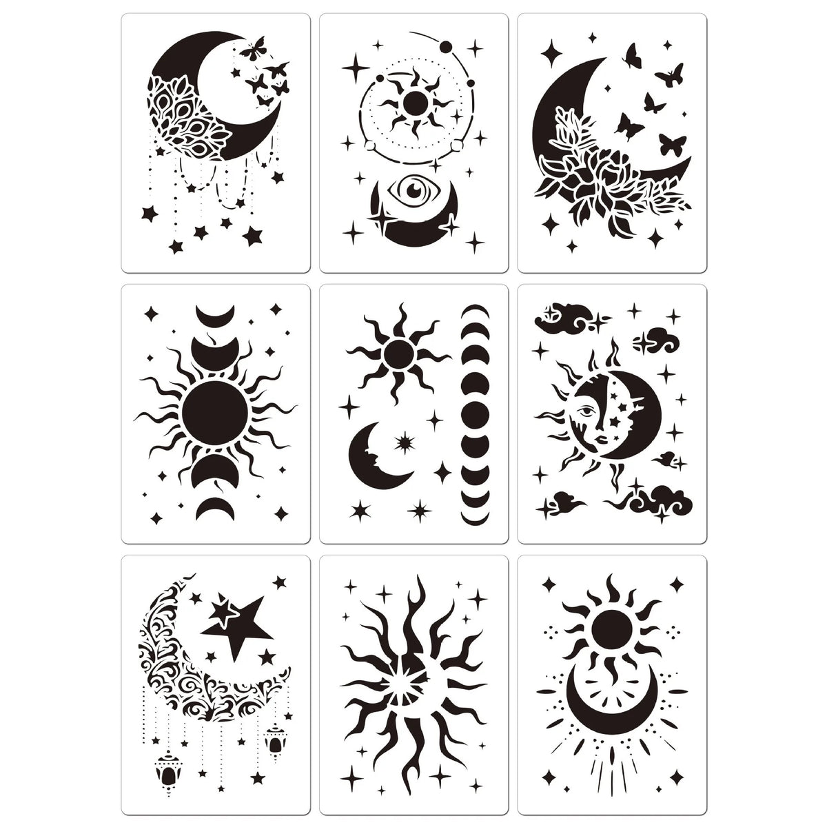 stencils blanc noir lune soleil étoiles papillons floral adhésif artisanal décoration scrapbooking
