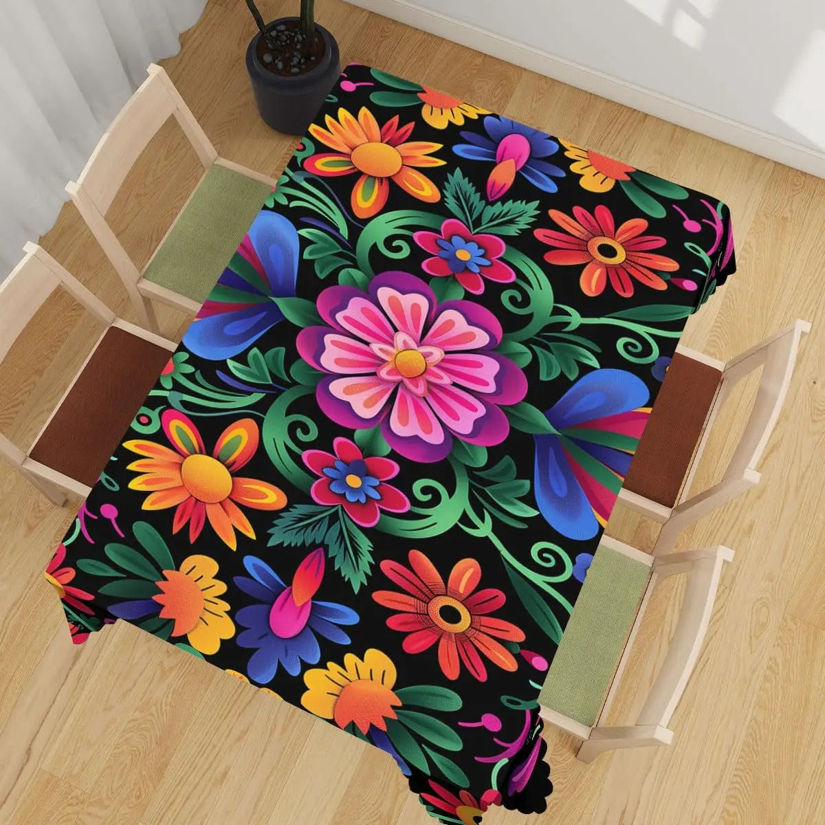 nappe table rectangulaire jour morts fleurs colorées polyester moderne noire festive rouges orangées jaunes