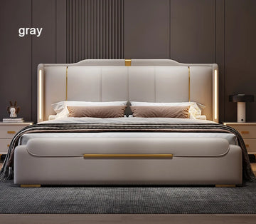 lit moderne simili cuir beige gris chambre coucher meuble bois massif rangement