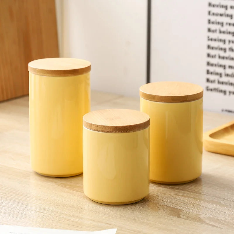 boîte rangement moderne pot épices céramique couvercle bambou blanc jaune gris 150ml