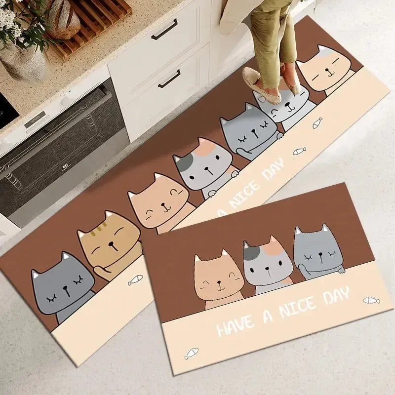 Des chats mignons et amusants, avec des expressions faciales variées, sont représentés sur cette image. Ils sont illustrés sur un fond brun clair, avec un message "Have a nice day" écrit en anglais. Cette image attrayante et pleine de personnalité pourrait être utilisée comme motif décoratif ou sur des produits pour apporter une touche de légèreté et de bonne humeur.