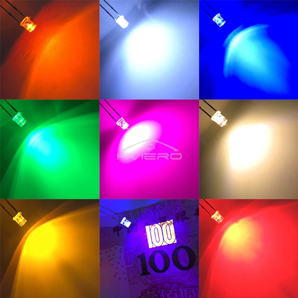 diodes led 3v transparentes bleues vertes rouges chaudes jaunes blanches roses violettes oranges plat