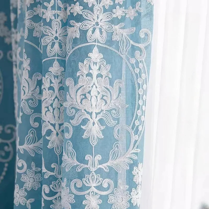 rideau bleu clair semi transparent brodé fleurs classique chambre coucher isolation thermique polyester