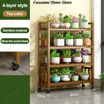 présentoir vertical étagère fleurs mobile bois naturel lattes horizontales moderne 10 niveaux roulettes balconintérieur