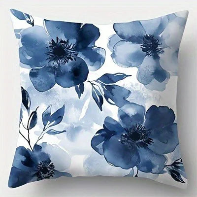 taies d'oreiller aquarelle fleurs bleues feuilles vertes moderne 45x45cm polyester peacheskin zip closure chambre
