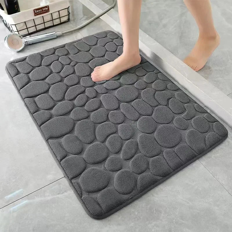 tapis bain gris moderne texture cailloux absorption eau antidérapant polyester pvc machine wash oblong