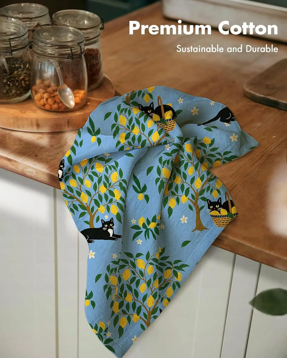 serviettes cuisine bleu jaune chats arbre fleurs tissu texturé boucle suspension dimension 40x60cm decoration