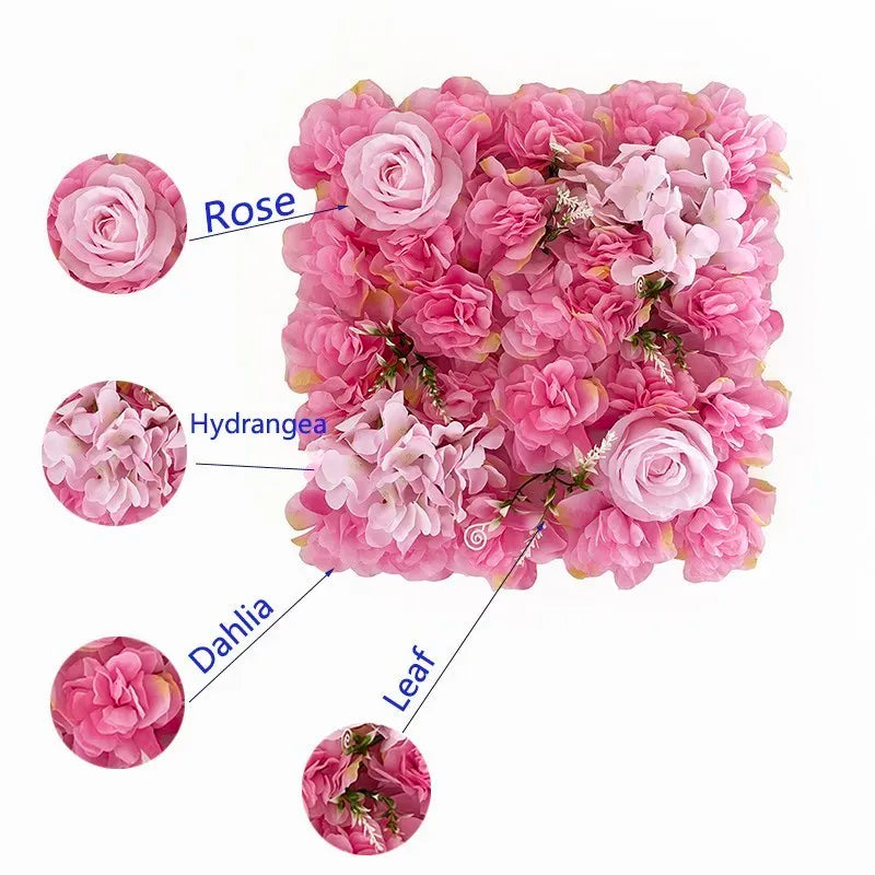 Détail des fleurs artificielles hortensia sur panneau mural