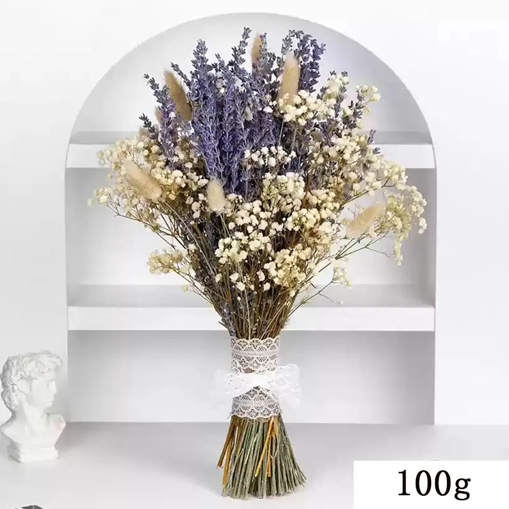 bouquet fleurs séchées lavande gypsophile mixte décoration maison anniversaire mariage violettes blanches boho doux