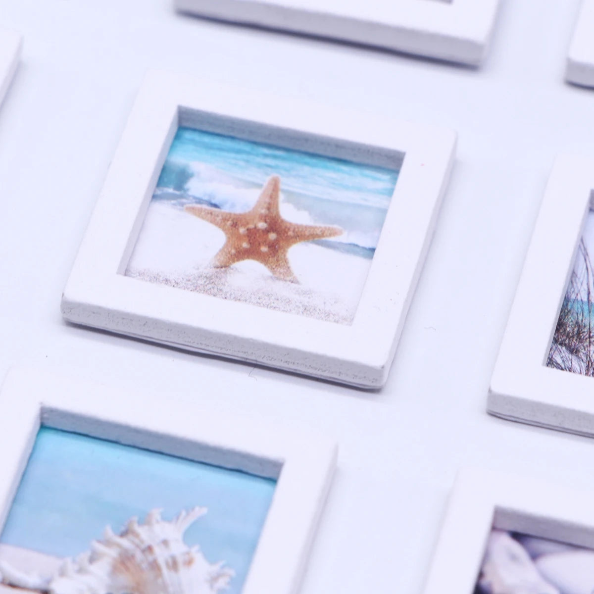 cadres photo blancs paysages marins coquillages étoiles mer plage minimaliste bois 4pc vintage