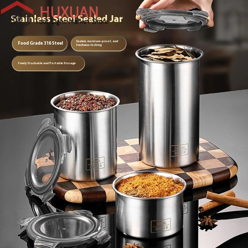 boîtes hermétiques acier inoxydable coffrets alimentaires épices grains couvercle transparent moderne minimaliste