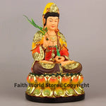 statue bouddha guanyin résine multicolore jaune rouge verte dorée texturée traditionnelle fixations incluses chaîne