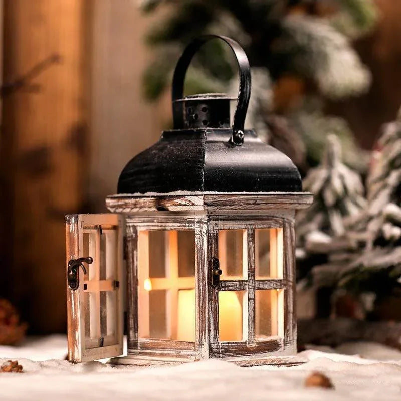 lanterne vintage bois rustique verre transparent support bougie chandelle noire décoration maison artisanal