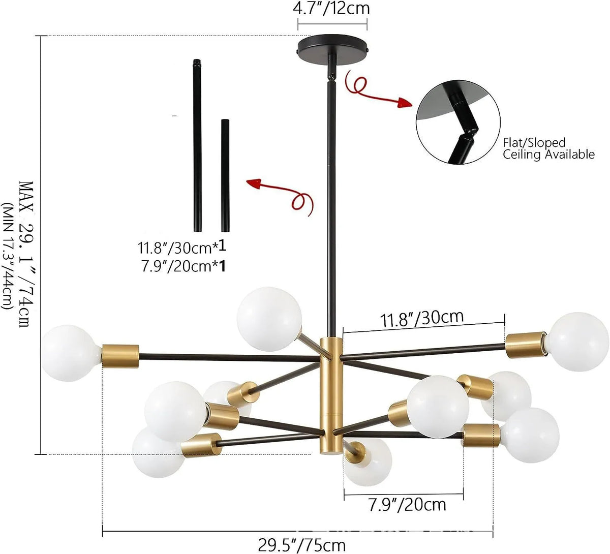 lustre moderne 10 ampoules doré noir chrome sphères blanches structure métallique scandinave