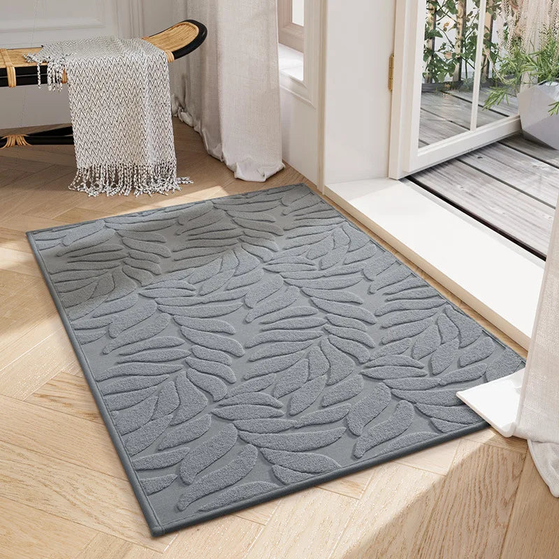tapis d'entrée gris moderne motif feuilles absorbant antidérapant doux lavable couloir porte