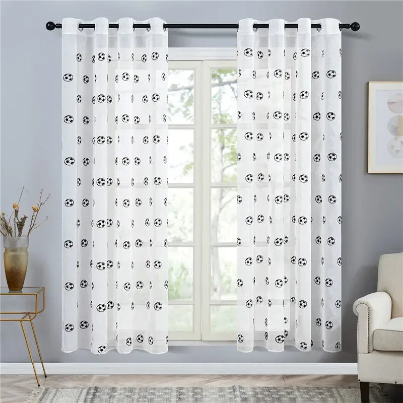 rideau transparent football brodé moderne polyester blanc anneaux maison