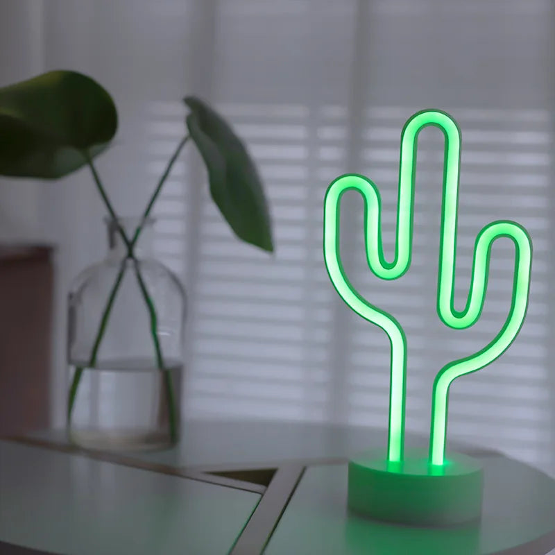 lampe néon cactus verte moderne minimaliste alimentée usb batterie lumière ambiance chambre entrée