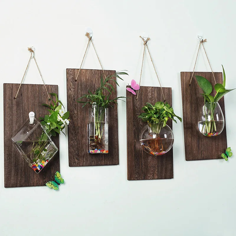 vases murals transparents bois marron plantes vertes deco bohème minimaliste suspension chambre salon