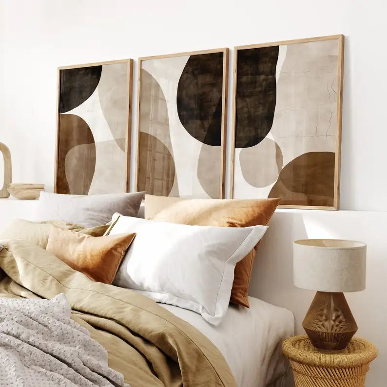 affiches abstraites modernes toile beige marron sans cadre ensemble trois impressions minimalistes