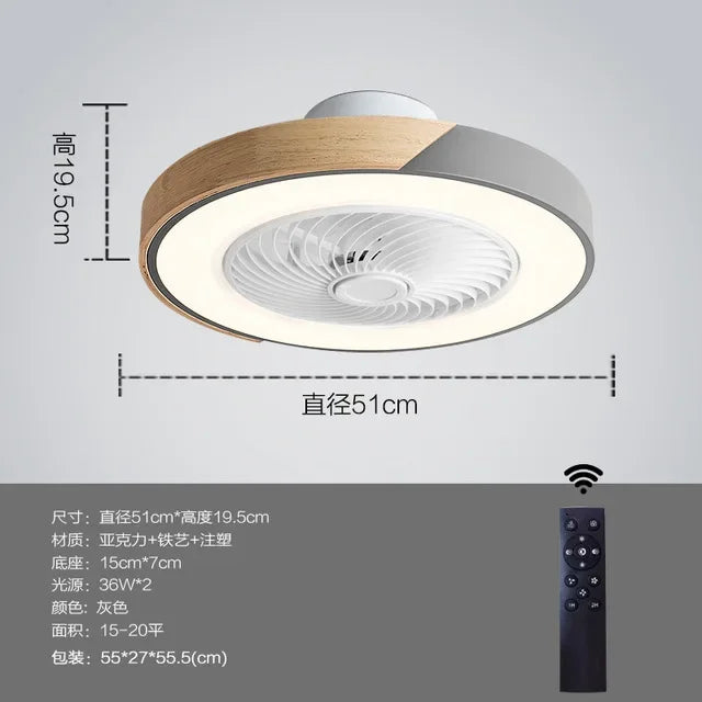 ventilateur bois led gris blanc minimaliste moderne télécommande luminoșité variable certifications sécurité chambre salon