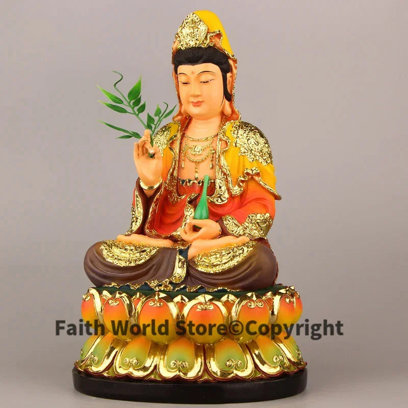 statue bouddha guanyin résine multicolore jaune rouge verte dorée texturée traditionnelle fixations incluses chaîne