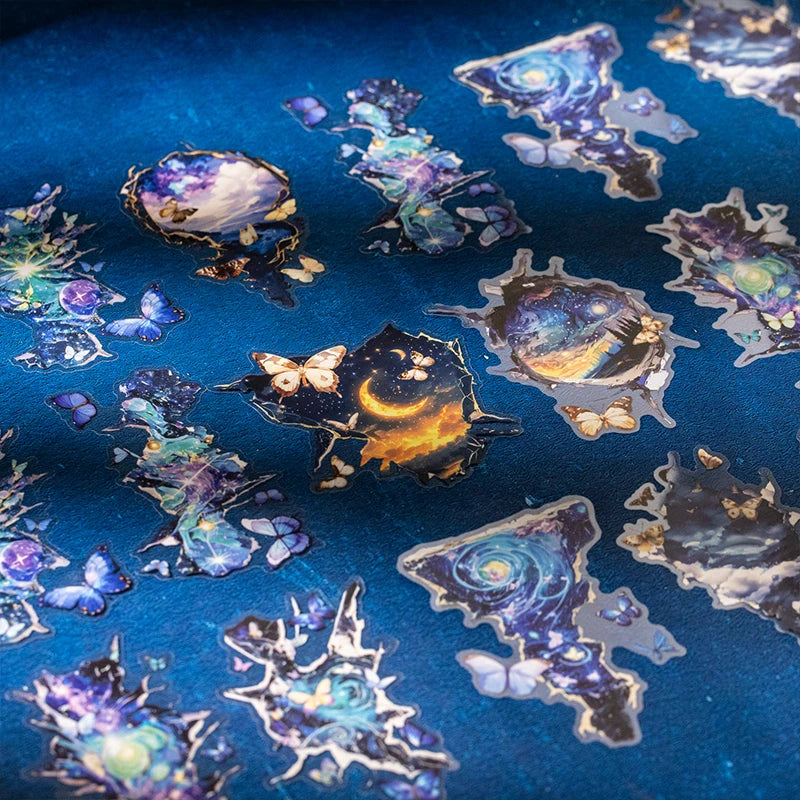 autocollants muraux abstraits papillons fleurs galaxie modernes bleus violets dorés noirs